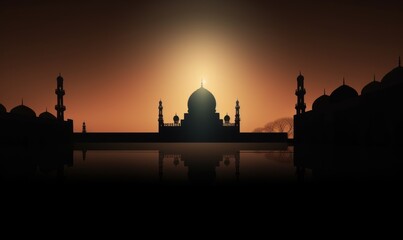 The Majestic Shadow of a Mosque at Sunset. Golden Silhouette