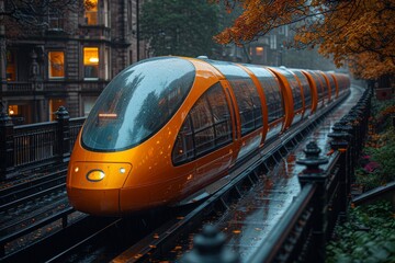 A highspeed train rolls through a vibrant landscape, passing by a bustling train station and towering trees, as it transports passengers to their destination