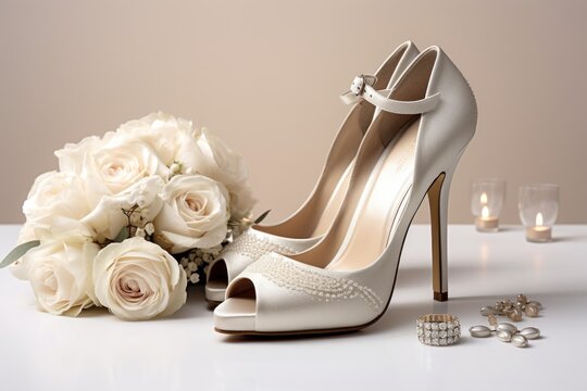 Various wedding shoes and accesories on a white table
