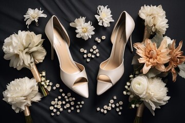 Wedding shoes and accessories with flowers in minimalist backgrounds