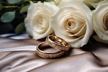 Two wedding rings with flowers lying on a satin fabric