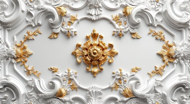 Fototapeta White golden decorative Victorian-style frame background for ceiling 3D wallpaper. 
