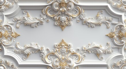 3d wallpaper for ceiling with white golden decoration model. Victorian style and decorative frame background