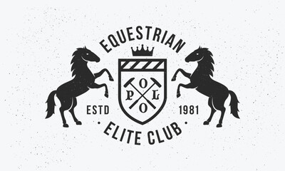 Equestrian vintage logo. Heraldic crest  template logo with horse silhouettes. Label, badge, emblem for Coat of Arms, Vintage Crest, Luxury logo. Vector illustration - obrazy, fototapety, plakaty