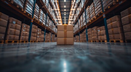An atmospheric screenshot captures the isolation and organized chaos of a towering stack of boxes in an expansive warehouse - obrazy, fototapety, plakaty