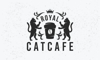 Cat Cafe vintage logo. Heraldic logo template with cats silhouettes. Label, badge, emblem for Coat of Arms, Vintage Crest, Luxury logo. Vector illustration