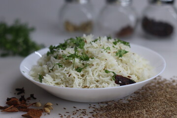 Jeera Bhaat or Jeera Rice. Delicious and aromatic Indian rice dish with basmati rice flavored by cumin seeds and other spices