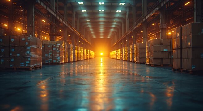 The towering stacks of boxes in the dimly lit warehouse create a maze-like atmosphere, as the city's lights twinkle through the ceiling, reflecting off the polished floor and illuminating the night