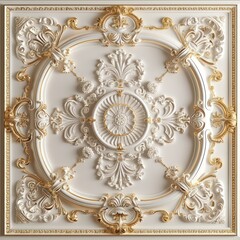 Transform your ceiling with opulent white-golden 3D wallpaper set against a Victorian-style decorative frame background. - obrazy, fototapety, plakaty