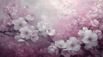 The Painting Evokes White and Pink Flowers in Airbrush Art, Light Purple and Light Gray with Touches of Dark Pink and Gray