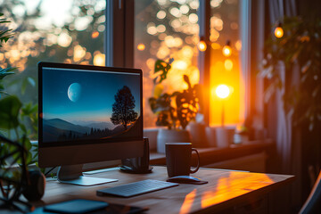 Peaceful Sunset View from a Home Office Setup