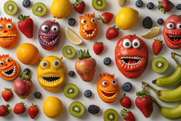 Funny faced fruits bringing joy, on a white canvas