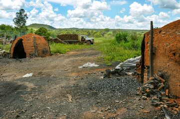 A clay oven used to burn illegally cut tree trunks to produce charcoal.  It uses logs from...