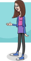 cartoon happy young woman character waving her hand