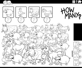 counting activity with cartoon farm animals coloring page