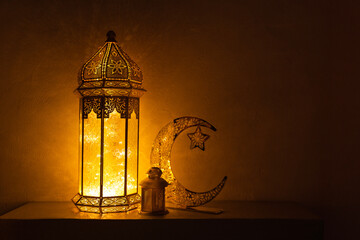 Ramadan Mubarak background, Lantern lamp with crescent moon, 2024 Ramadan Kareem greeting image