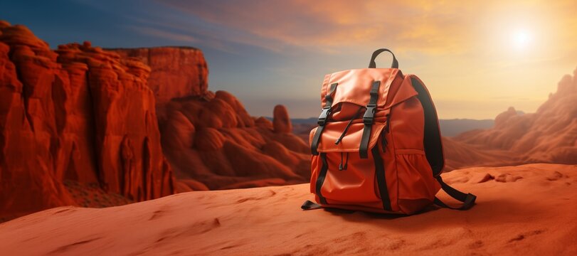 Close up tourist backpack on the rocks against the backdrop of mountains. Wellbeing lifestyle, travel and tourism concept