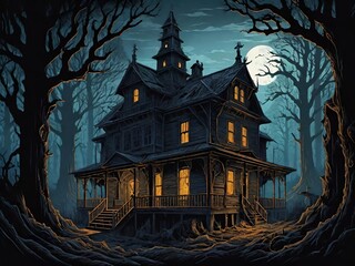 Fototapeta na wymiar Hauntingly illustration of a mysterious, old house nestled deep within a dark, eerie forest under the glow of the moon, perfect for themes related to horror, mystery, and fantasy. Generative AI.