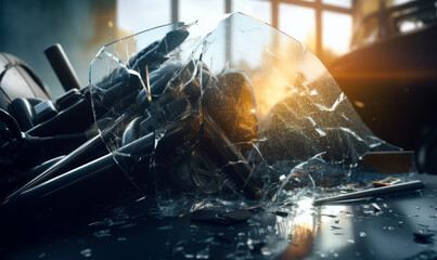 Broken glass shield and gun on table