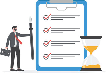To do list, task management or completion tracking or reminder to finish assignment, work planning or schedule concept, productive businessman with pen and to do list clipboard with alarm clock.

