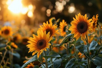 Blooming sunflowers in field, bathed in warm glow of setting sun.