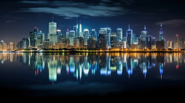 Nighttime cityscape skyline at night, illuminated and reflecting on calm waters