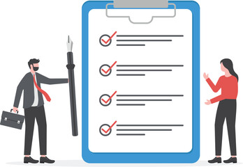 Task checklist, clipboard with to-do list checkmark, task management to track work completion, accomplishment, survey or questionnaire concept, business people with penl and checklist clipboard.

