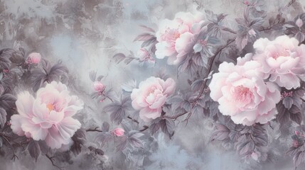 The Painting Evokes White and Pink Flowers in Airbrush Art, Light Purple and Light Gray with Touches of Dark Pink and Gray