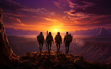 Four silhouettes of group of adventurers stand on top of mountain and watch the sunset.