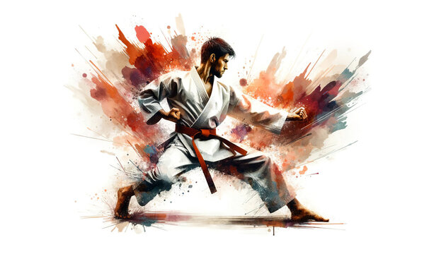Dynamic illustration of a martial artist in a karate stance with a vivid explosion of watercolor splashes in the background, conveying movement and energy.Sport concept. AI generated.