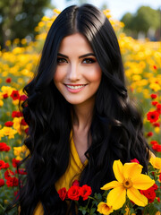 Naklejka premium A portrait of a beautiful girl in 25's in garden with red and yellow flowers