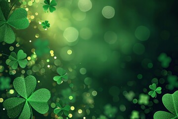 Abstract green blurred background with clovers and round bokeh for st patrick's day celebration