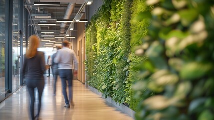 A modern, eco-friendly office environment promoting employee health, featuring a lush living green wall, natural light, and ergonomic furniture designed for comfort and productivity.