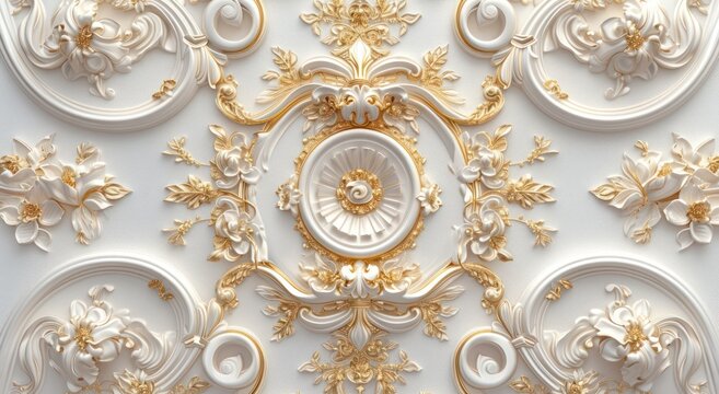 Fototapeta Transform your ceiling with opulent white-golden 3D wallpaper set against a Victorian-style decorative frame background.