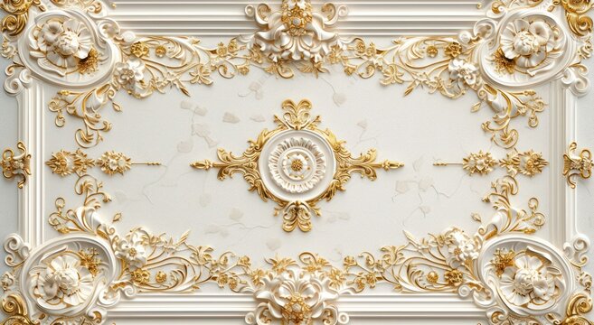 Fototapeta Ceiling 3D wallpaper adorned with a Victorian-style white and gold decorative frame background. 