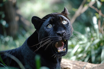 A black panther with a playful twist, caught in a funny moment