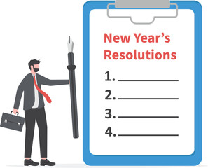 New year's resolutions, set goal or business target for new year or beginning with work challenge concept, smart businessman holding big pen thinking about new year's resolution on notepad paper.

