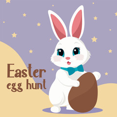 Vector flat illustration of cartoon Easter bunny with big chocolate egg. Card design for the traditional Easter game - egg hunt.
