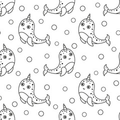 seamless pattern with cartoon narwhal, black and white cute animal, coloring pages, simple print