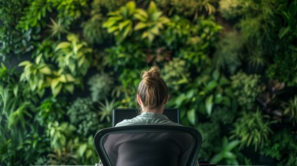 A tranquil office setting where an individual is seated at a minimalist desk, gazing at a vibrant green living wall, symbolizing a focus on employee mental health and eco-friendly workplaces.