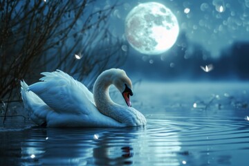 Swan swim in a calm lake at night against the backdrop of the full moon. Loneliness and sadness concept	
