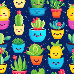 seamless pattern with cactus and flowers. Seamless kawaii cactus pattern on black background. Cactus with face