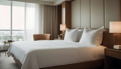 A modern luxury hotel room with white linens
