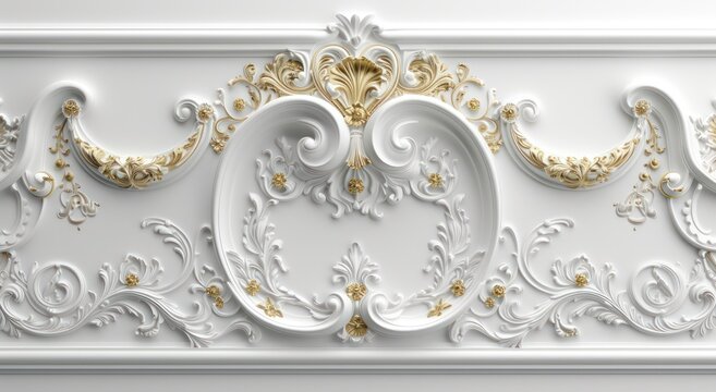 Fototapeta Transform your ceiling with opulent white-golden 3D wallpaper set against a Victorian-style decorative frame background.