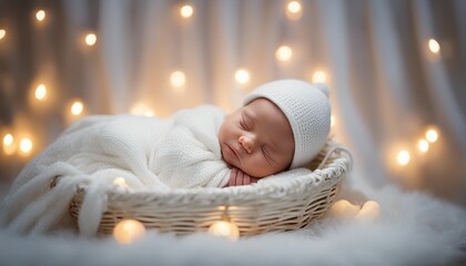 newborn photo wrapped in a white silk blanket in a basket with decorative lights
