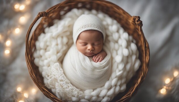 newborn photo wrapped in a white silk blanket in a basket with decorative lights
