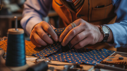 Artisanal Excellence in Menswear: A Detailed Process of Hand-Sewing Custom Silk Ties by a Skilled Craftsman with Precision and Care - obrazy, fototapety, plakaty