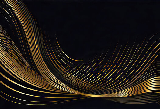 vector illustration, abstract wallpaper design with golden strokes and waves on a black background, simple minimalistic design,