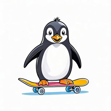 vector illustration, funny cheerful flat logo of a penguin riding a skateboard, isolated on a white background, color children's drawing for children's book illustrations and stickers,
