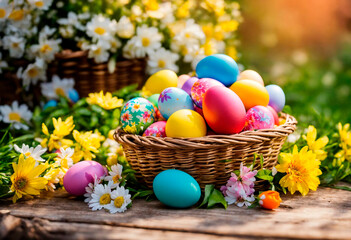 Obraz na płótnie Canvas Easter strong eggs in a basket in the garden. Selective focus.